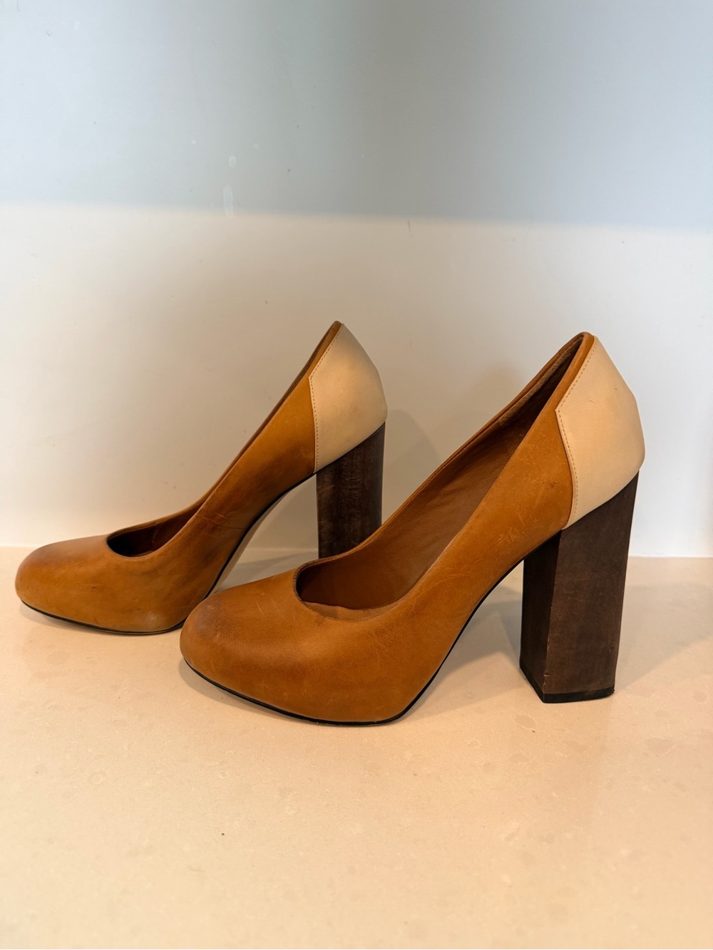 Aldo Two-Tone Tan and Cream Block Heel Pumps